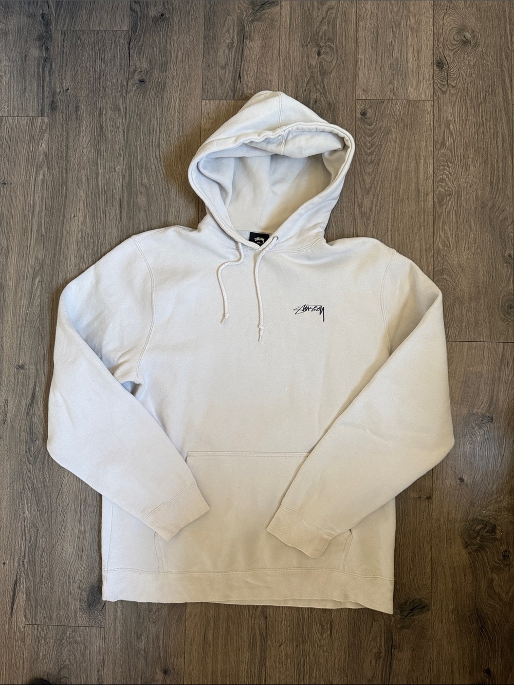 Stussy Cream Hoodie with Black Script Logo
